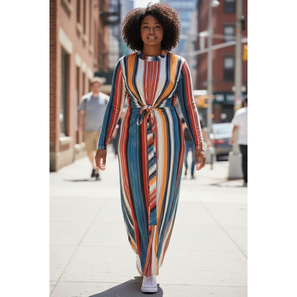 Women Multi Color Vertical Stripe Mock Neck Tie Waist Maxi Dress XL NWOT